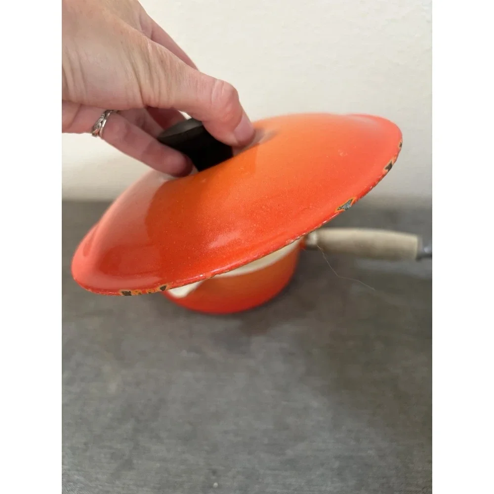 Vintage Le Creuset Castoflon #18 Saucepan with Lid Teck Wood Handle Flame Orange